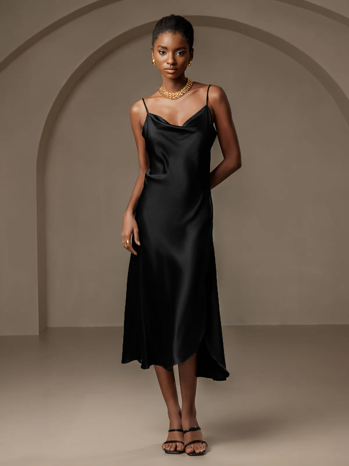 [Noir] SilkSilky-FR 19Momme Pure Soie Col Bénitier Robes 001
