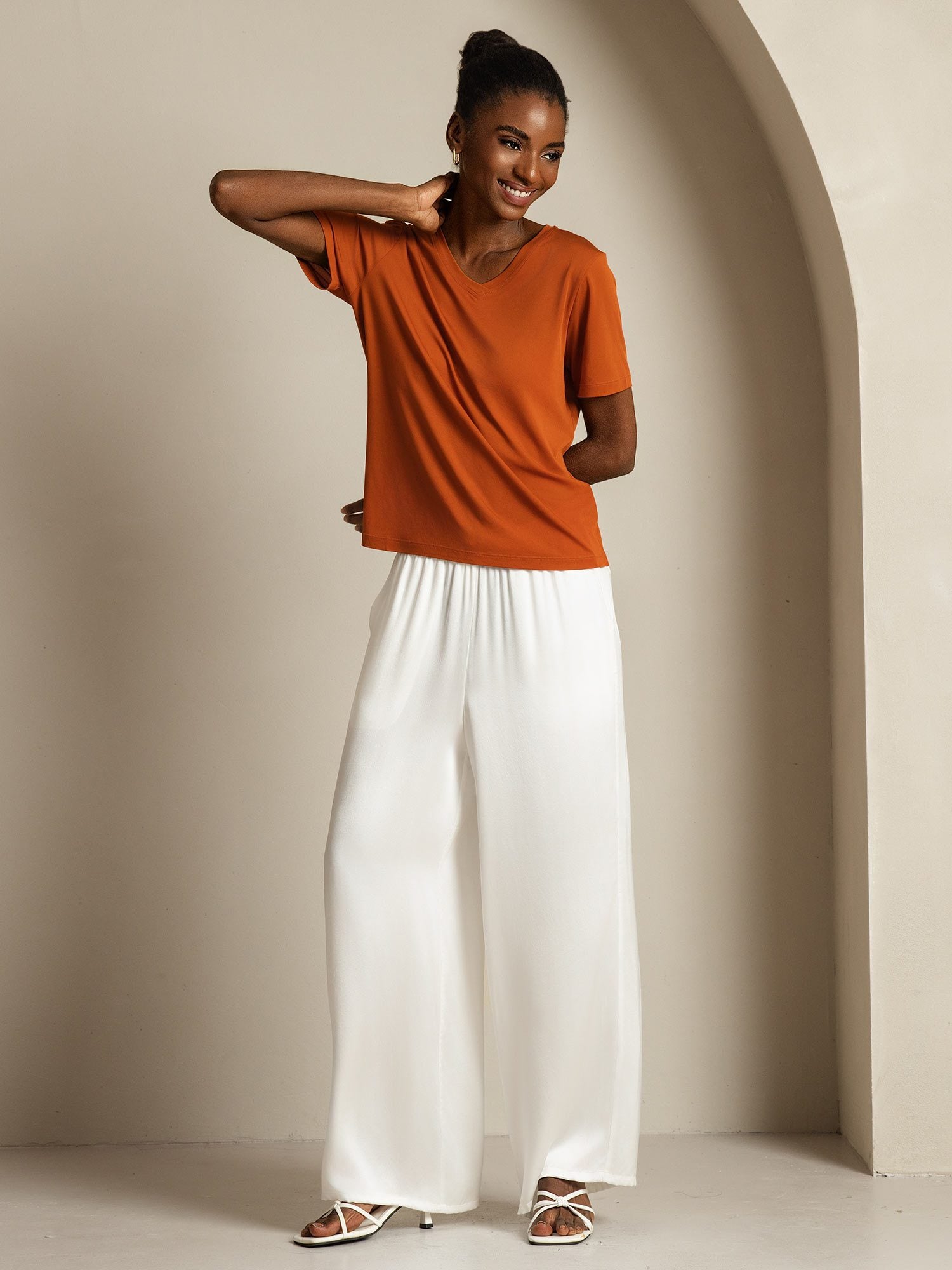 [Orange] SilkSilky-FR Soie Womens T-Shirt 009