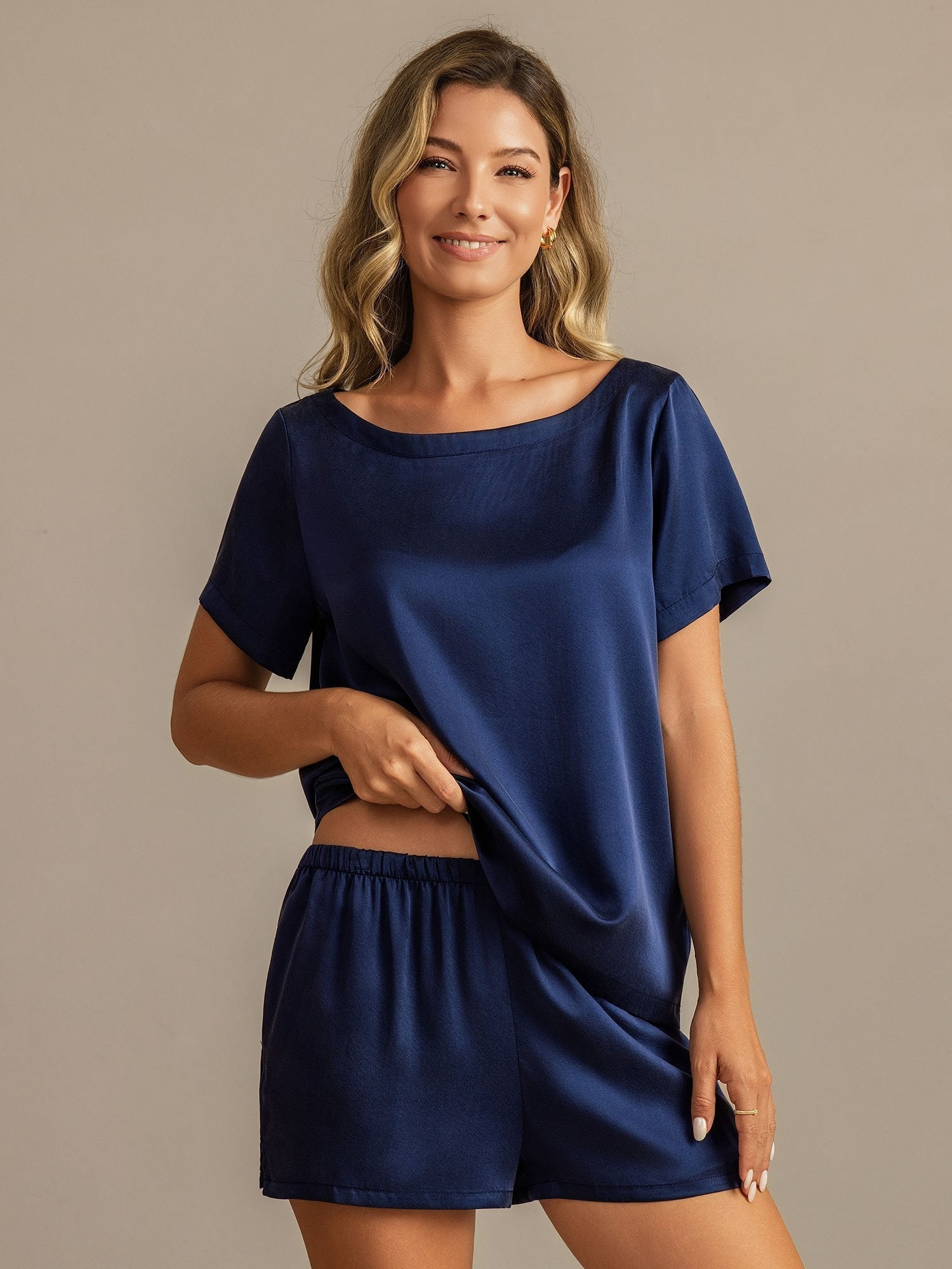 [Bleu Foncé] SilkSilky-FR 19Momme Soie Col Rond Femme Pyjamas 005,