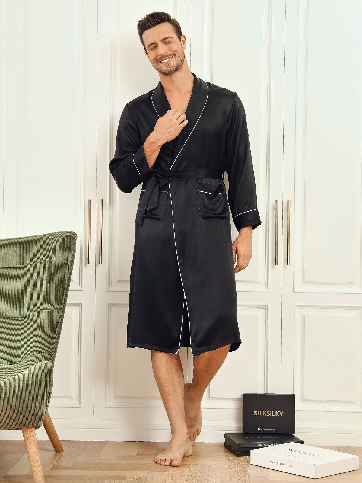 [Noir] SilkSilky-FR 19Momme Pure Soie Manches longues Mens Robe 001