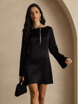 [Noir] SilkSilky-FR Long Sleeve Boat Neck Robes 003