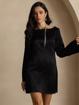 [Noir] SilkSilky-FR Long Sleeve Boat Neck Robes 005