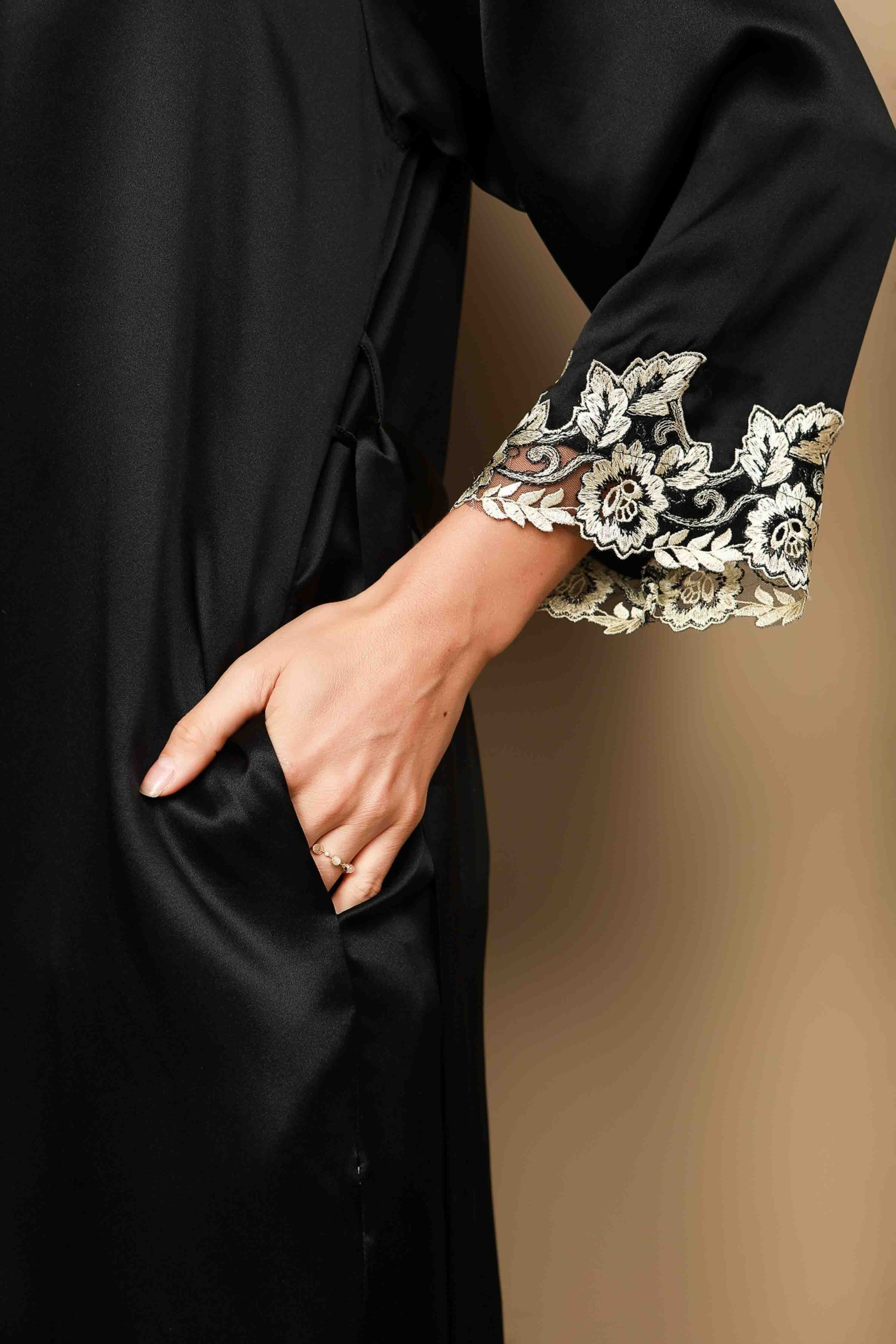 [Noir] SilkSilky-FR Trois-quart Nightgown&Robe Set 009