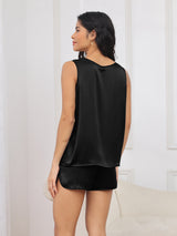 [Noir] SilkSilky-FR Sans manches Col Rond Femme Pyjamas 002