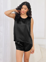[Noir] SilkSilky-FR Sans manches Col Rond Femme Pyjamas 003