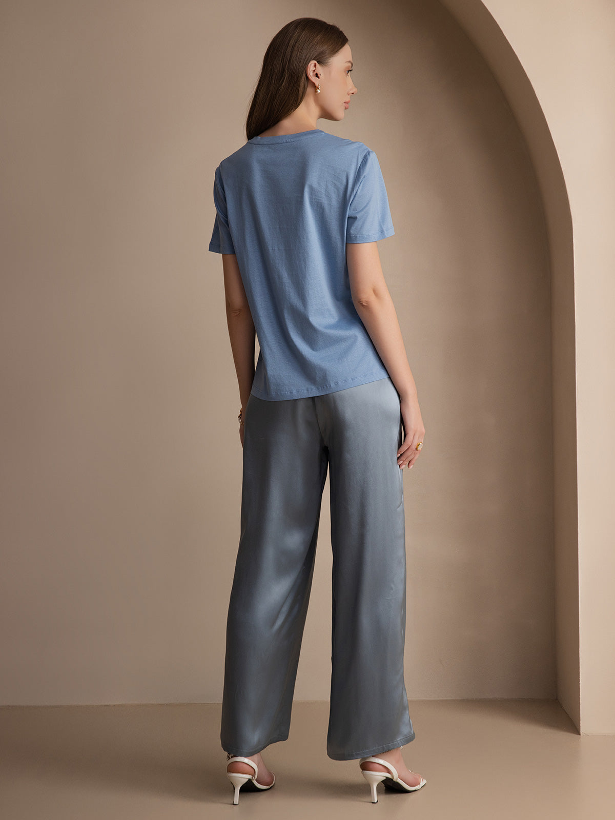 [Bleu] SilkSilky-FR Soie Tricotée Col Rond Femme T-Shirt 002