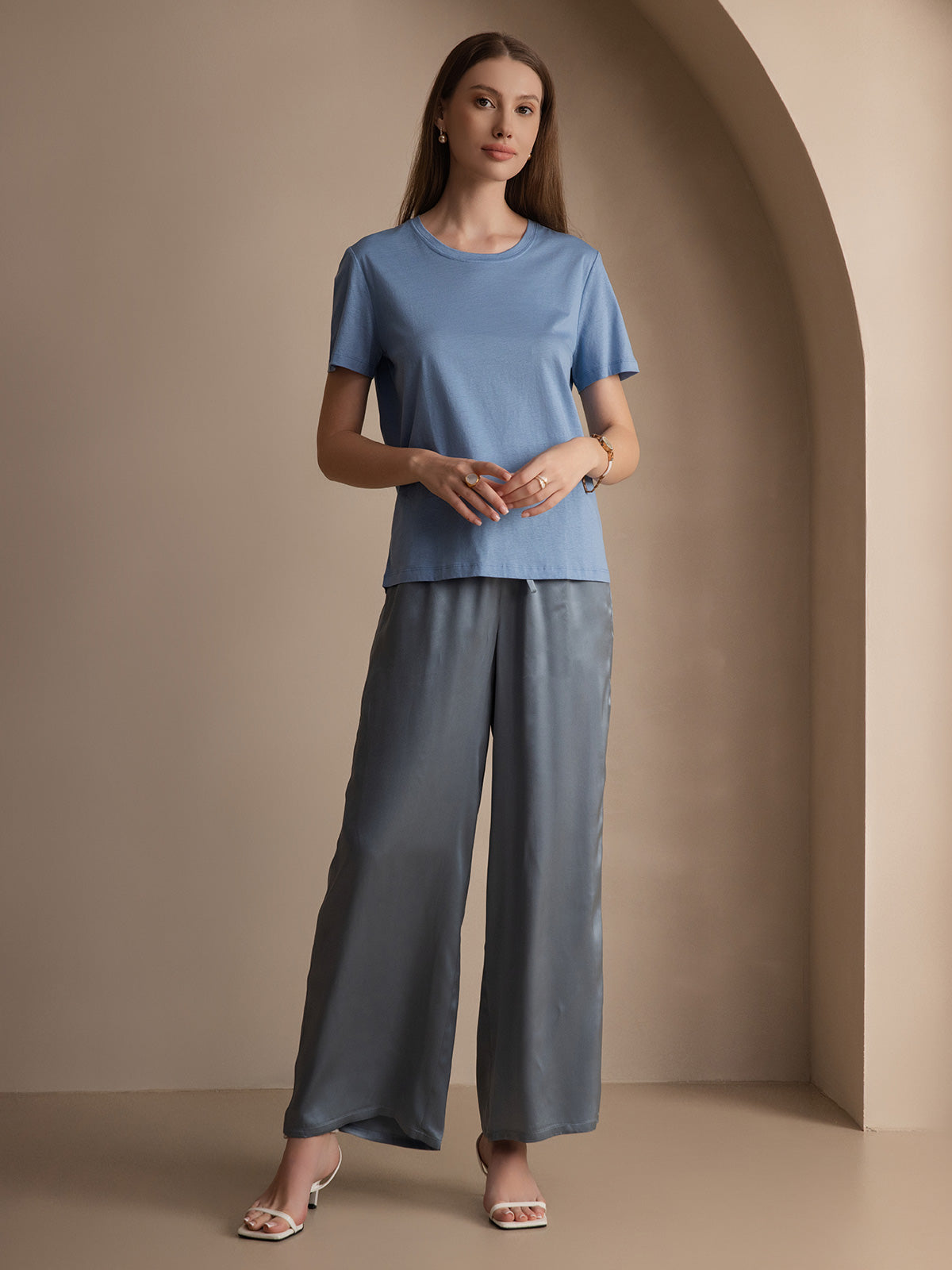 [Bleu] SilkSilky-FR Soie Tricotée Col Rond Femme T-Shirt 004