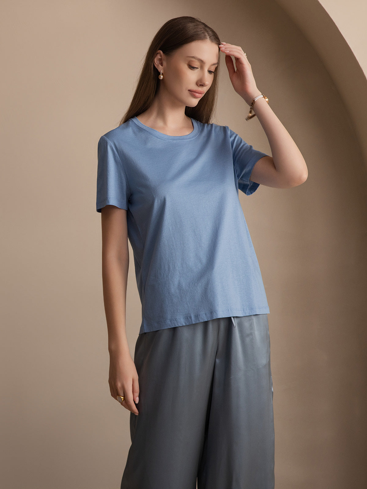 [Bleu] SilkSilky-FR Soie Tricotée Col Rond Femme T-Shirt 005