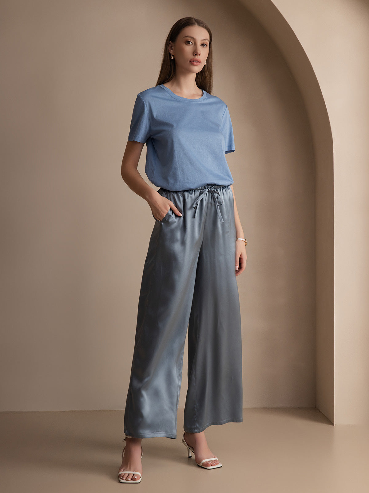 [Bleu] SilkSilky-FR Soie Tricotée Col Rond Femme T-Shirt 006