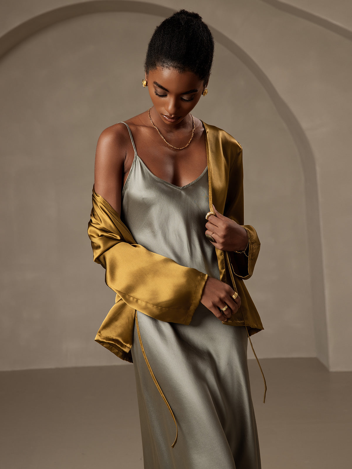 [Brun] SilkSilky-FR 19Momme Manches longues Femme Manteaux 005