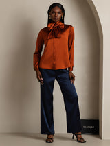 [Caramel] SilkSilky-FR Long Sleeve High Neck Blouse 007
