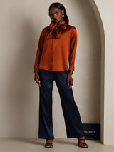 [Caramel] SilkSilky-FR Long Sleeve High Neck Blouse 008