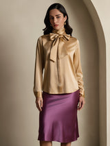 [Champagne] SilkSilky-FR Long Sleeve High Neck Blouse 001