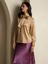 [Champagne] SilkSilky-FR Long Sleeve High Neck Blouse 005