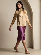 [Champagne] SilkSilky-FR Long Sleeve High Neck Blouse 009