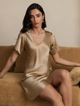 [Champagne] SilkSilky-FR Manches courtes Col V Chemises de nuit 007