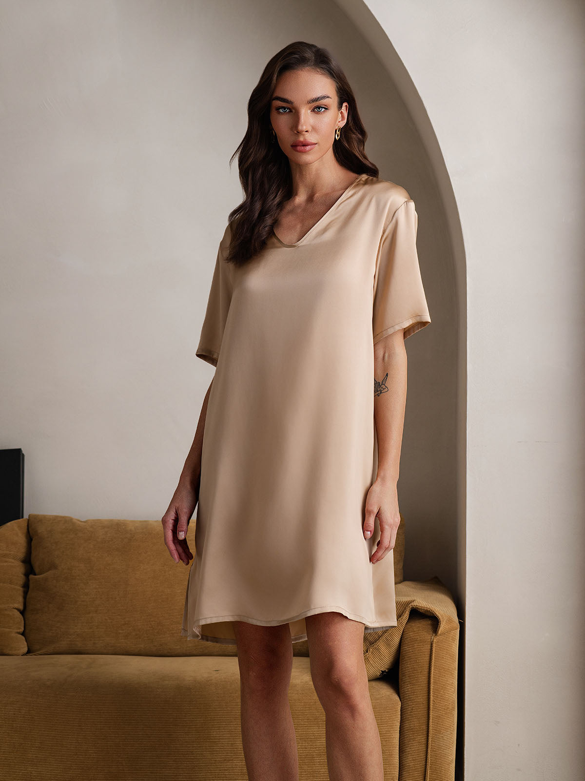 [Champagne] SilkSilky-FR Pure Silk Manches courtes Nightgown 006