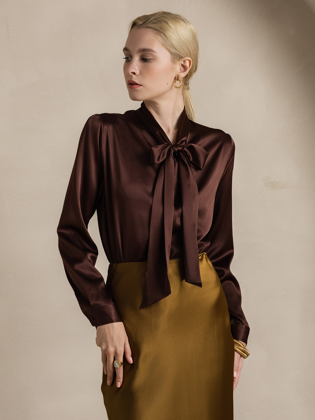 [Café] SilkSilky-FR 19Momme Manches longues À Nouer Blouse 001