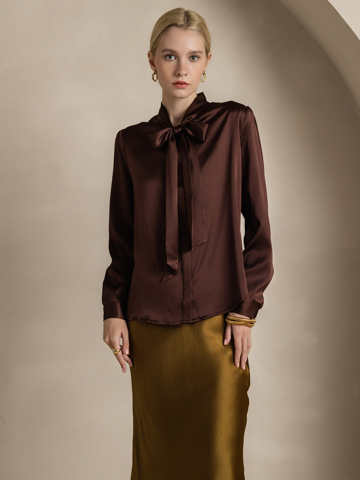 [Café] SilkSilky-FR 19Momme Manches longues À Nouer Blouse 004