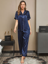 [Bleu Foncé] SilkSilky-FR Short Sleeve Lapel Collar Femme Pyjamas 001