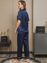 [Bleu Foncé] SilkSilky-FR Short Sleeve Lapel Collar Femme Pyjamas 002