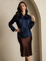 [Bleu Foncé] SilkSilky-FR 19Momme Manches longues À Nouer Blouse 001