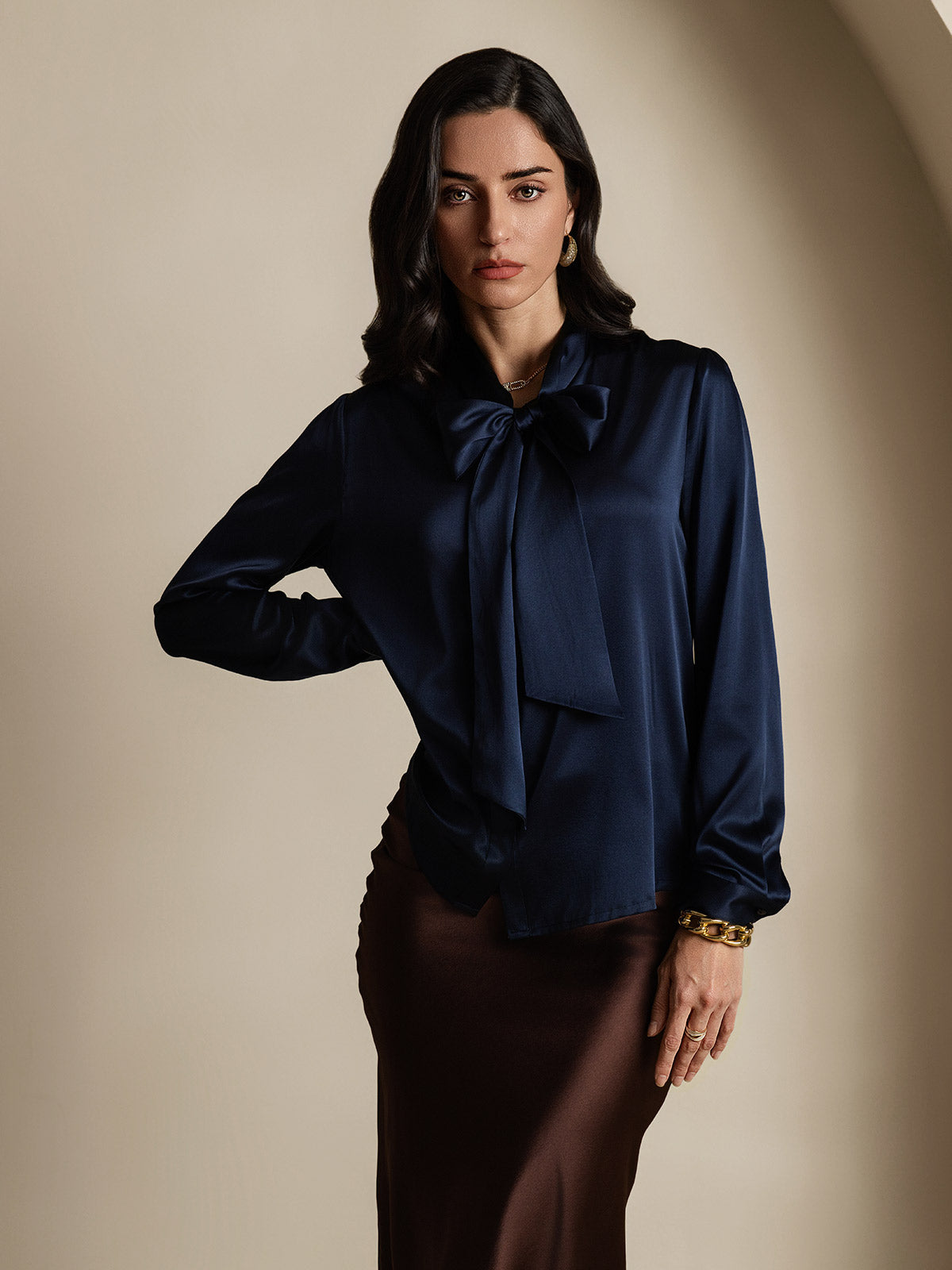 [Bleu Foncé] SilkSilky-FR 19Momme Manches longues À Nouer Blouse 003