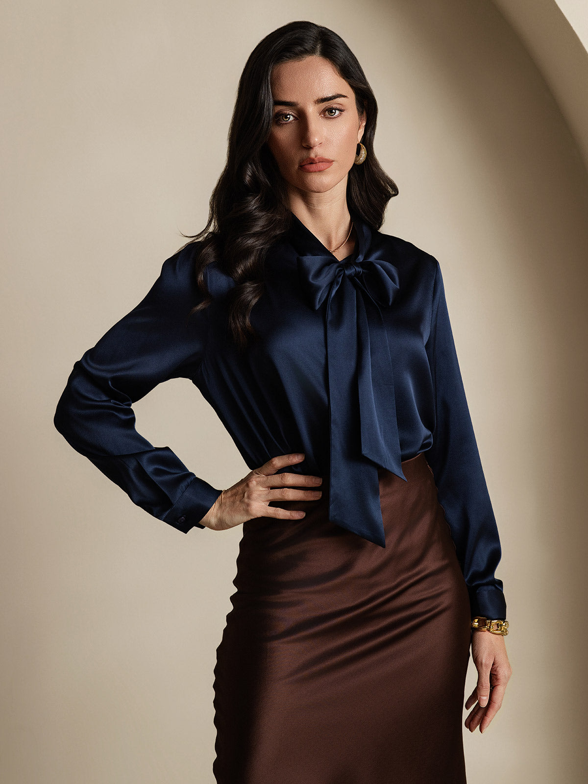 [Bleu Foncé] SilkSilky-FR 19Momme Manches longues À Nouer Blouse 004