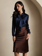 [Bleu Foncé] SilkSilky-FR 19Momme Manches longues À Nouer Blouse 005
