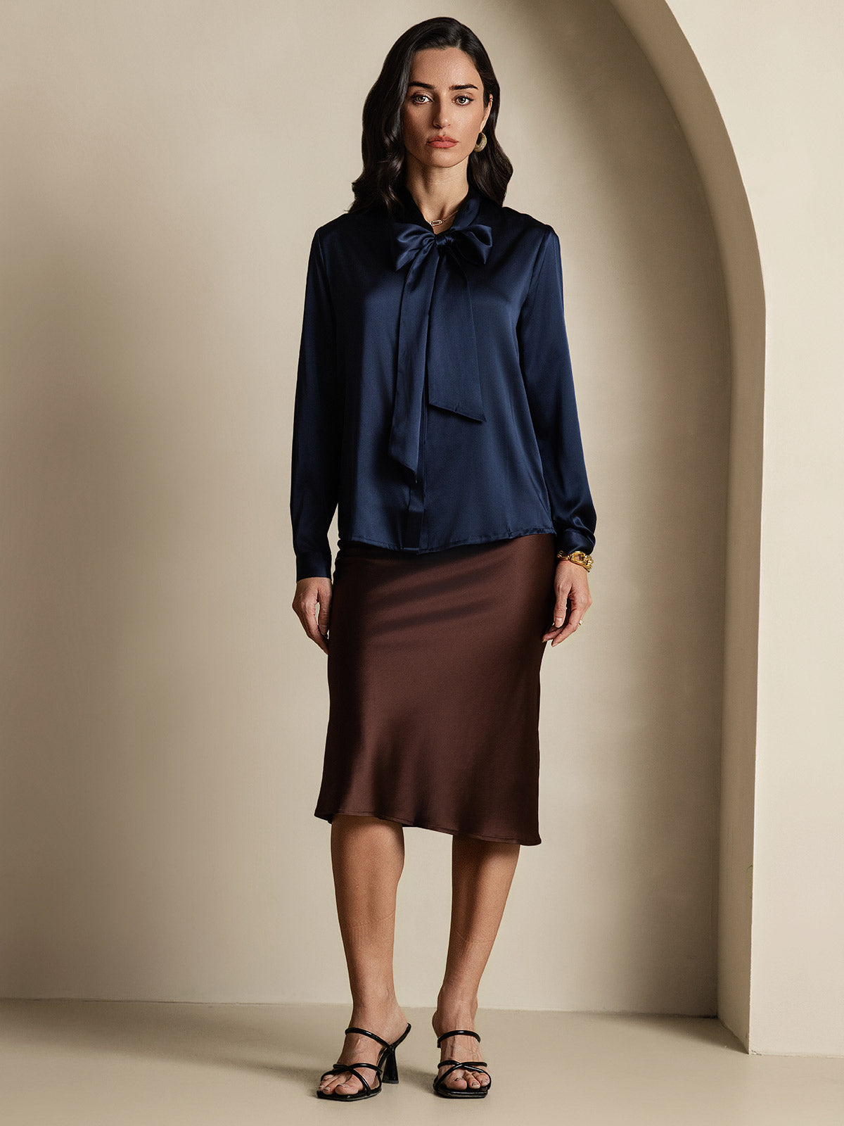 [Bleu Foncé] SilkSilky-FR 19Momme Manches longues À Nouer Blouse 006