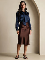 [Bleu Foncé] SilkSilky-FR 19Momme Manches longues À Nouer Blouse 007