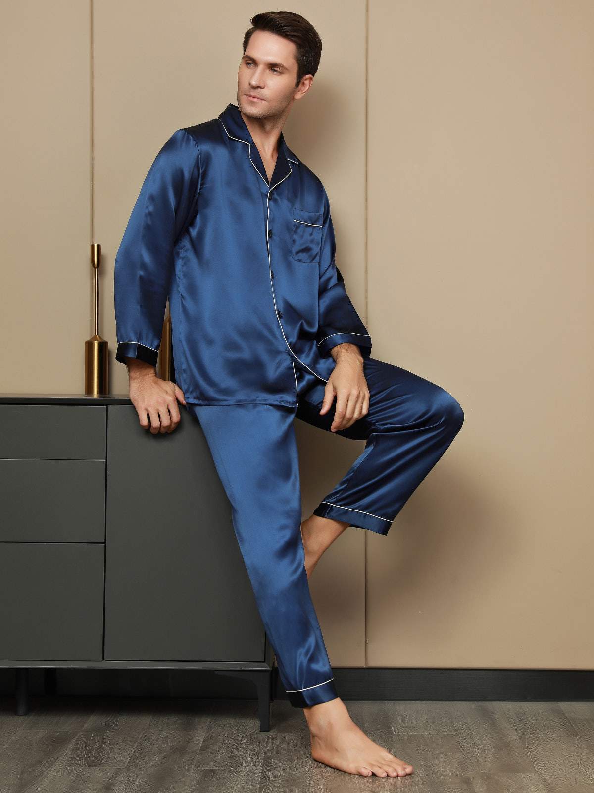 [Bleu Foncé] SilkSilky-FR Long Sleeve Lapel Collar Homme Pyjamas 001