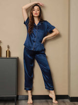 [Bleu Foncé] SilkSilky-FR Manches courtes Col Cranté Femme Pyjamas 001