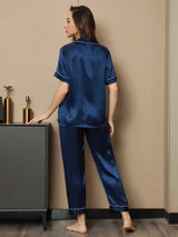[Bleu Foncé] SilkSilky-FR Manches courtes Col Cranté Femme Pyjamas 002