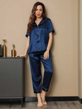 [Bleu Foncé] SilkSilky-FR Manches courtes Col Cranté Femme Pyjamas 003