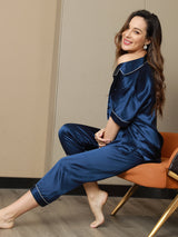 [Bleu Foncé] SilkSilky-FR Manches courtes Col Cranté Femme Pyjamas 006