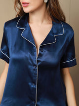 [Bleu Foncé] SilkSilky-FR Manches courtes Col Cranté Femme Pyjamas 007