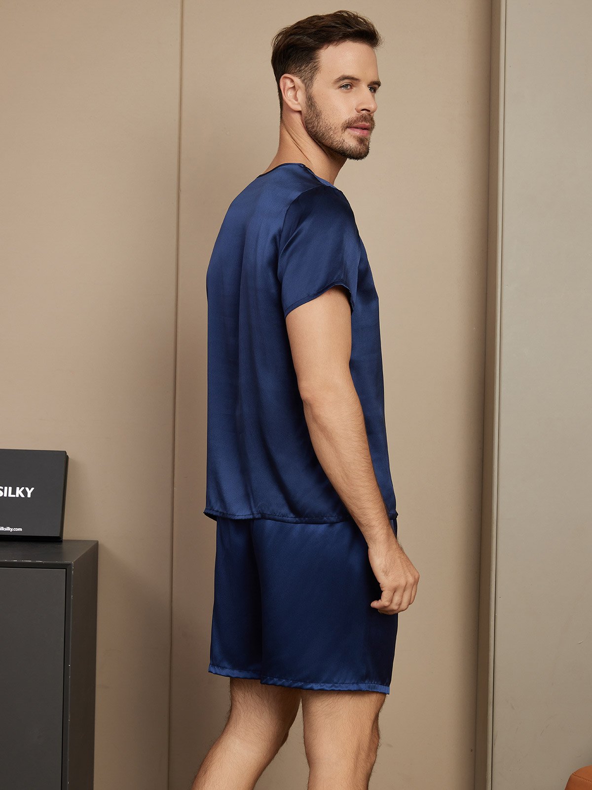 [Bleu Foncé] SilkSilky-FR Short Sleeve Round Neck Homme Pyjamas 002
