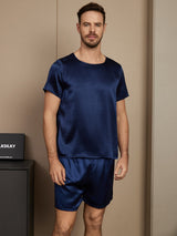 [Bleu Foncé] SilkSilky-FR Short Sleeve Round Neck Homme Pyjamas 003