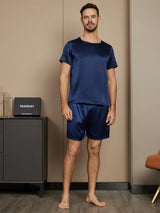 [Bleu Foncé] SilkSilky-FR Short Sleeve Round Neck Homme Pyjamas 005