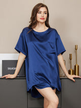 [Bleu Foncé] SilkSilky-FR Manches courtes Col Rond Femme Pyjamas 001