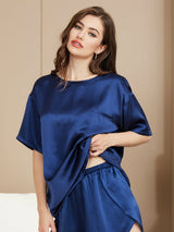 [Bleu Foncé] SilkSilky-FR Manches courtes Col Rond Femme Pyjamas 003