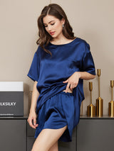 [Bleu Foncé] SilkSilky-FR Manches courtes Col Rond Femme Pyjamas 005