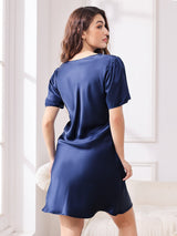 [Bleu Foncé] SilkSilky-FR Manches courtes Col V Chemises de nuit 002