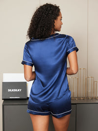 Vue bleu marine pyjama soie de dos