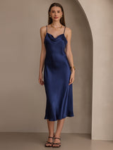 [Bleu Foncé] SilkSilky-FR Fines Brides Col Bénitier Robes 005