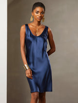 [Bleu Foncé] SilkSilky-FR Sans manches Encolure Dégagée Robes 001