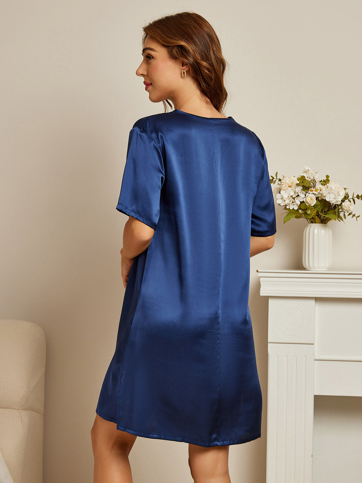 [Bleu Foncé] SilkSilky-FR Pure Silk Manches courtes Nightgown 002