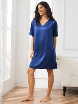 [Bleu Foncé] SilkSilky-FR Half Sleeve V Neck Chemises de nuit 004