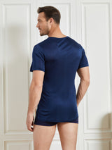[Bleu Foncé] SilkSilky-FR Manches courtes Col Ras Du Cou Homme T-Shirt 002
